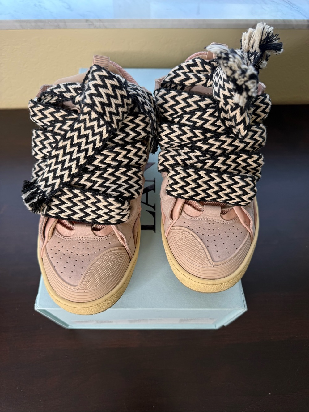 Lanvin Pink Kids Sneakers with Black & White Chevron Laces